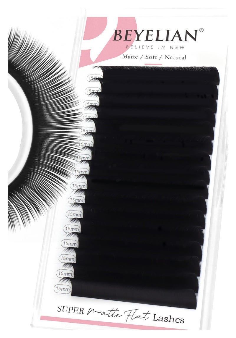 BEYELIAN Ellipse Flat Lash Extension 16 Rows 015 C Curl 15mm Single Length Tray Flat Eyelash Extension Matte Black Classic Lash Extensions Professional Supplies